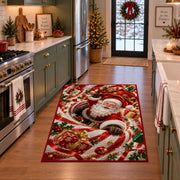 Santa Curved Candy Cane Christmas Rug in a festive kitchen
