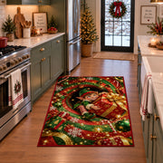 Christmas Elf Holding Gift Rug in a festive kitchen