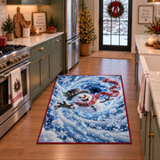 Snowman Blue Snowflake Spiral Christmas Rug in a festive kitchen