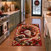 Santa Red Gold Christmas Spiral Rug in a festive kitchen
