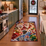 Santa Flying Presents Christmas Rug in a festive kitchen