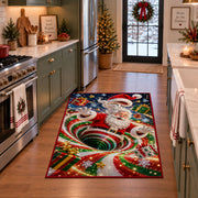 Santa Red Green Snow Spiral Christmas Rug in a festive kitchen