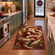 Santa swirl Christmas rug in a festive kitchen