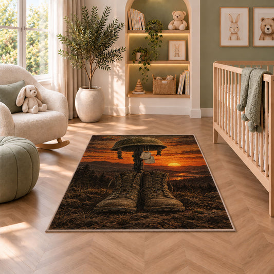 Fallen Soldier Memorial rug in a nursery with a crib and armchair