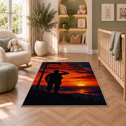 Soldier Salute Sunset rug in a nursery with a crib and armchair