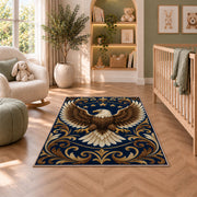 Bald Eagle Stars rug in a nursery with a crib and armchair