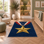 Gold Star Medal rug in a nursery with a crib and armchair