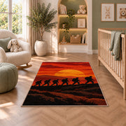 Soldiers March Sunset rug in a nursery with a crib and armchair