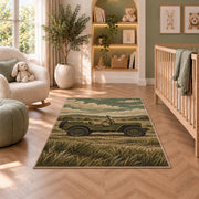 Vintage Military Jeep rug in a nursery with a crib and armchair