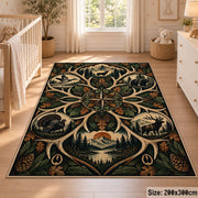 Deer Antler Woodland Emblem area rug in deep green, tan and brown, view 3