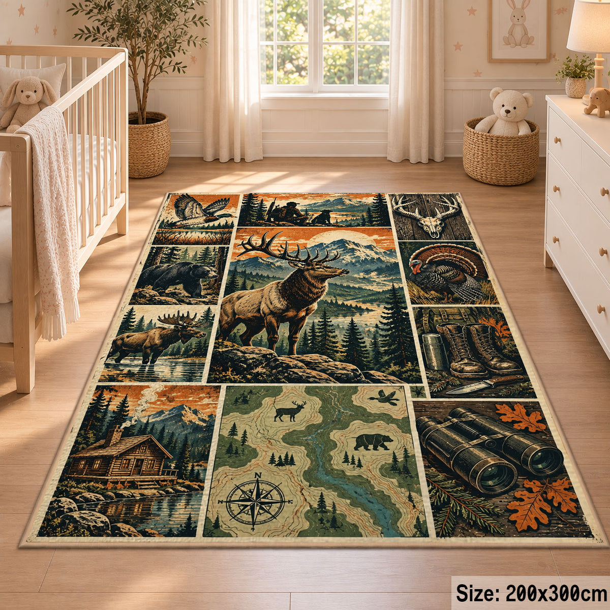 Wildlife Hunting Camp Collage area rug in pine green, warm beige and orange, view 3