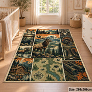 Wildlife Hunting Camp Collage area rug in pine green, warm beige and orange, view 3