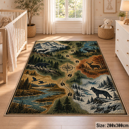 Woodland Wildlife Trail Map area rug in sage green, tan and blue, view 3