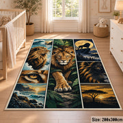 Lion Savanna Panel Collage area rug in gold, olive and midnight blue, view 3