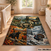 Four Season Hunting Wildlife area rug in autumn orange, snow blue and forest green, view 3