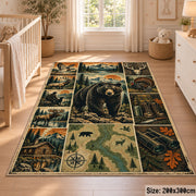 Bear and Deer Woodland Collage area rug in olive green, brown and cream, view 3