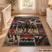 Galloping Racehorses and Track Panels area rug in muted red, navy and sepia, view 3
