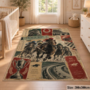 Classic Horse Race Poster Collage area rug in warm cream, rust and sage, view 3