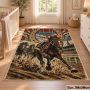 Galloping Horse and Horseshoe Medallion area rug in tan, brown and dark green, view 3