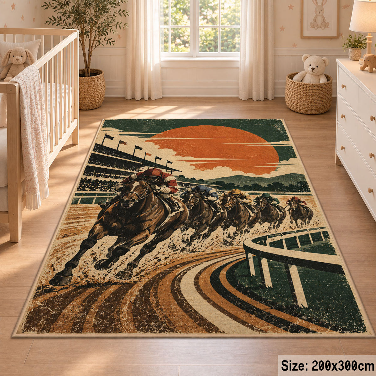 Racehorse on a Sunset Track area rug in sunset orange, cream and forest green, view 3