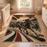 Racehorses and Sunburst Track area rug in warm ochre, burgundy and slate, view 3