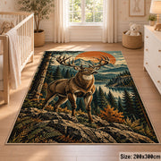 Stag in a Pine Forest area rug in sunset orange, forest green and tan, view 3