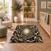 Checkerboard Tunnel Area Rug, Black Beige Optical Illusion Rug, Retro Geometric Room Decor - Image 3