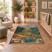 Kingdom map rug with castle, mountain peaks, forests, and lake in a nursery seating area