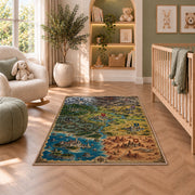 Fantasy campaign map rug with colorful kingdoms, flags, castles, and coastal terrain in a nursery seating area