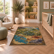Fantasy coastal world map rug with harbor, desert, mountain ranges, and compass in a nursery seating area