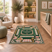 Green and pink mahjong night rug in a nursery seating area