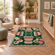 Green Mahjong Table Rug with Pink Floral Tea Details in a nursery seating area