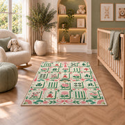 Cream Mahjong Tile Rug with Pink Floral Border in a nursery seating area