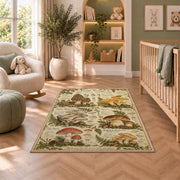 Vintage forest forager mushroom chart rug in a nursery seating area