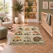 Vintage wild mushroom identification chart rug in a nursery seating area
