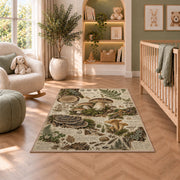Vintage forest floor naturalist sketch rug in a nursery seating area