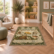 Vintage forager's woodland guide rug in a nursery seating area