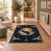 Sun and moon faces celestial rug in a nursery seating area