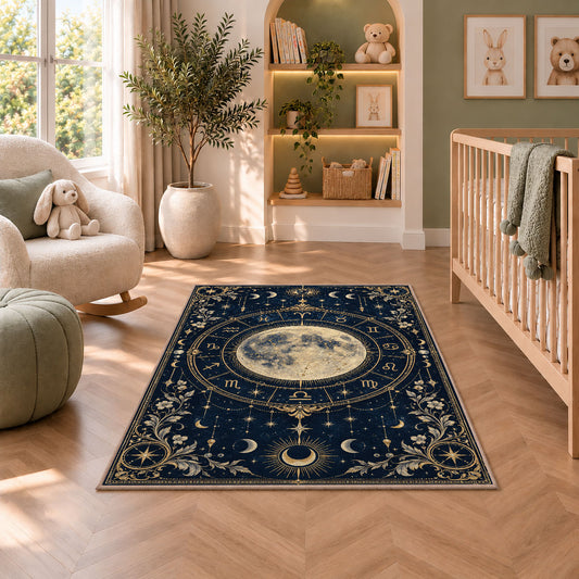 Full moon zodiac circle with floral corners rug in a nursery seating area