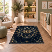 Zodiac compass star with constellations rug in a nursery seating area