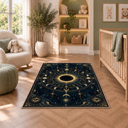 Solar eclipse zodiac with moon phases rug in a nursery seating area