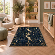 Mystic hands reaching for a crescent moon rug in a nursery seating area