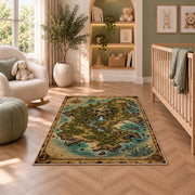 Vintage skull island treasure map rug in a nursery seating area