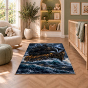 Black pirate ship in a stormy sea rug in a nursery seating area