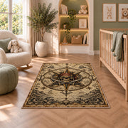 Pirate skull compass rose with crossed swords rug in a nursery seating area