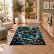 Kraken attacking a ship in a stormy sea rug in a nursery seating area