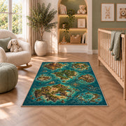 Pirate archipelago map with volcano and skull island rug in a nursery seating area