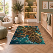 Aerial pirate port city with docks rug in a nursery seating area