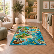 Cartoon kids pirate treasure map rug in a nursery seating area