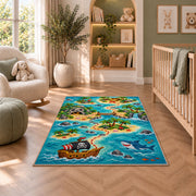 Cartoon pirate adventure island map rug in a nursery seating area
